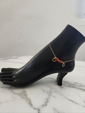 Gold Stainless Steel Anklet Heart Charm with Red Beads Adjustable Dainty Bra